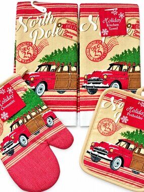 Christmas Kitchen Dish Towels Potholder Oven Mitt Set of 4 Woody Car North Pole